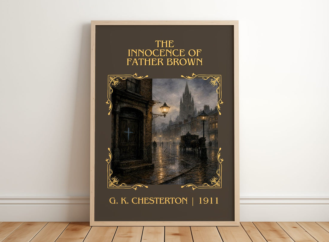 Innocence of Father Brown Classic Book Art Print by G. K. Chesterton – framed print leaning on a wooden floor