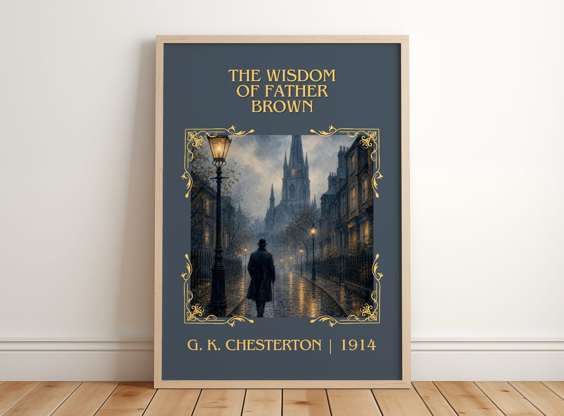 The Wisdom of Father Brown Classic Book Art Print by G. K. Chesterton – framed print leaning on a wooden floor