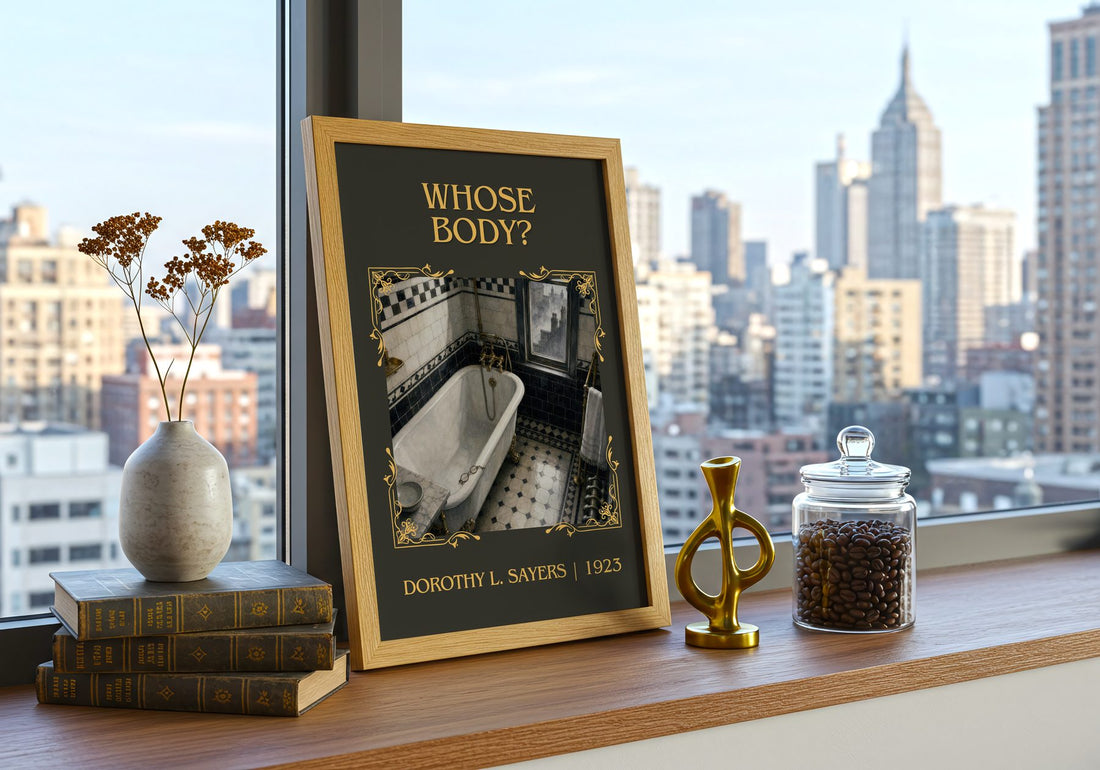 Whose Body? Classic Book Art Print by Dorothy L. Sayers – framed print on a city-view windowsill