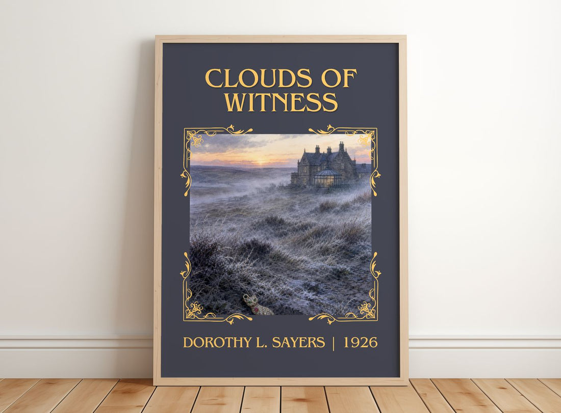 Clouds of Witness Classic Book Art Print by Dorothy L. Sayers – framed print leaning on a wooden floor