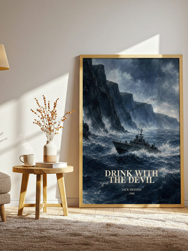 Drink With The Devil watercolour print in frame leaning in hallway – thriller wall art