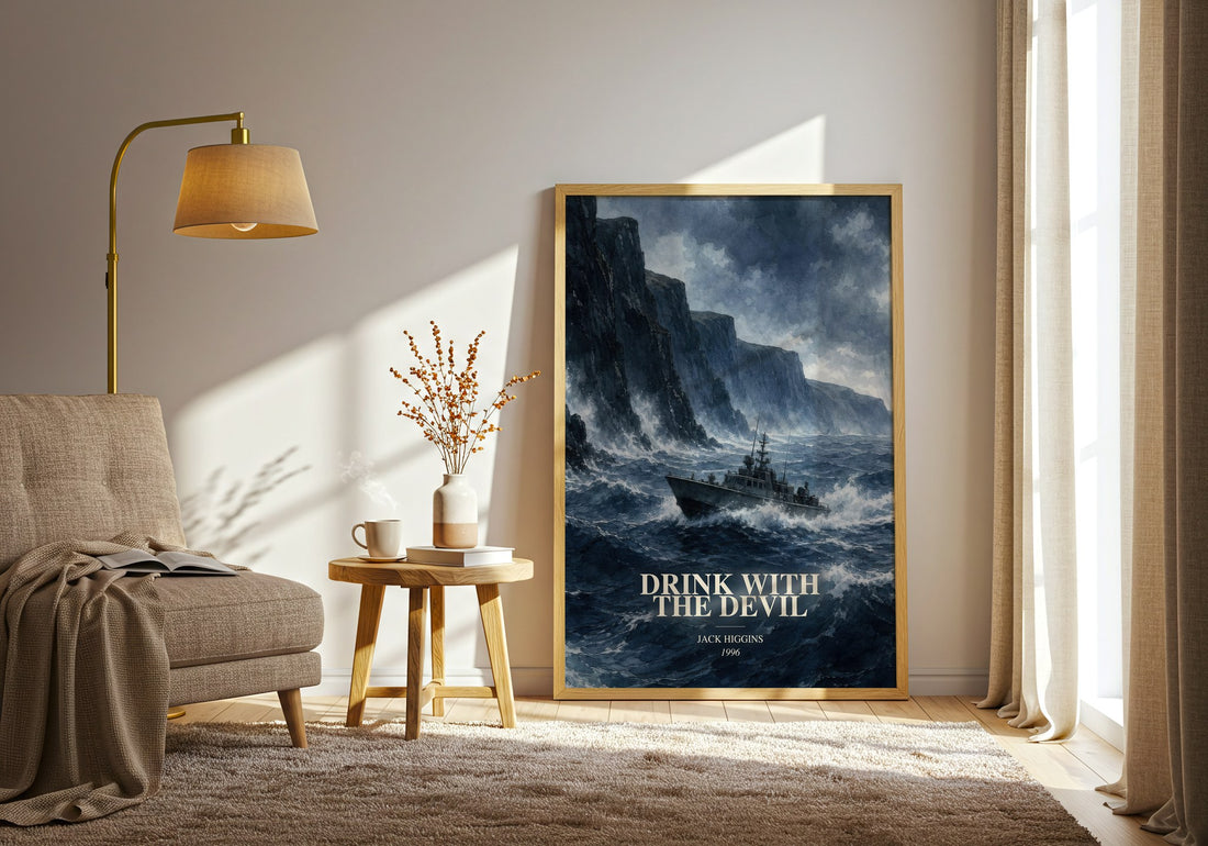 Drink With The Devil watercolour print in frame leaning in hallway – thriller wall art (mockup)