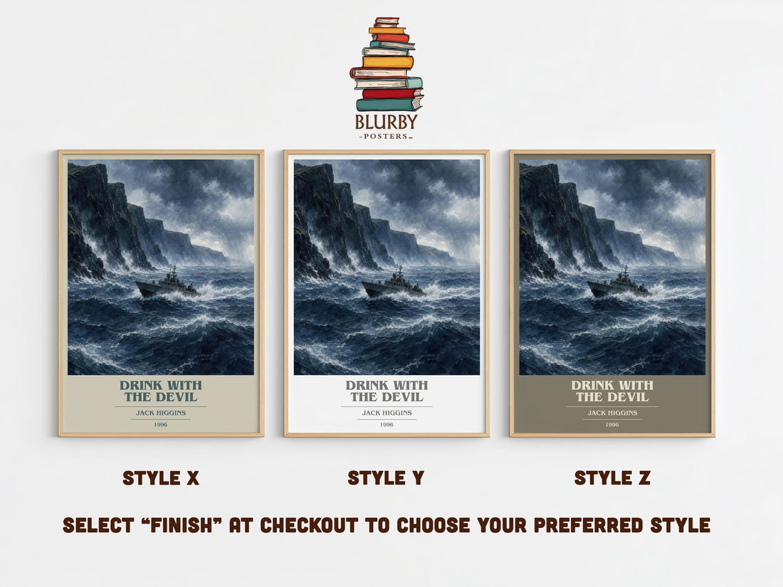 Drink With The Devil book cover print in frame leaning in hallway – thriller wall art (mockup)