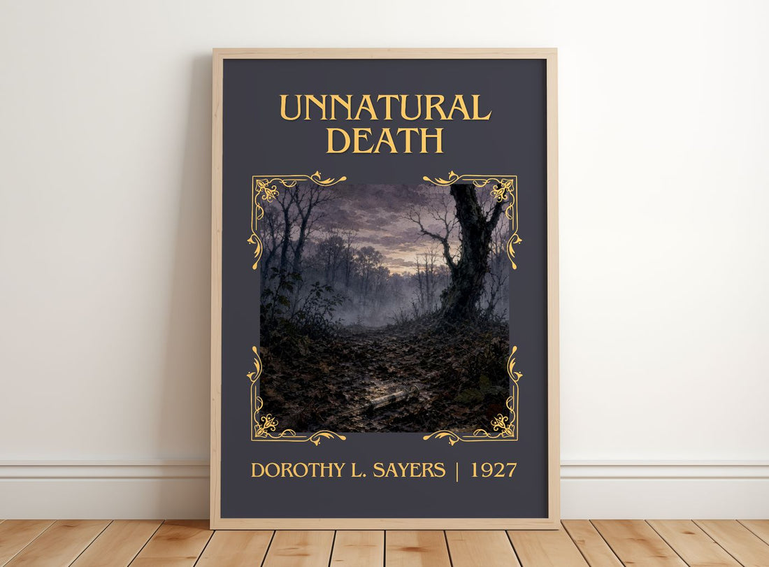 Unnatural Death Classic Book Art Print by Dorothy L. Sayers – framed print leaning on a wooden floor
