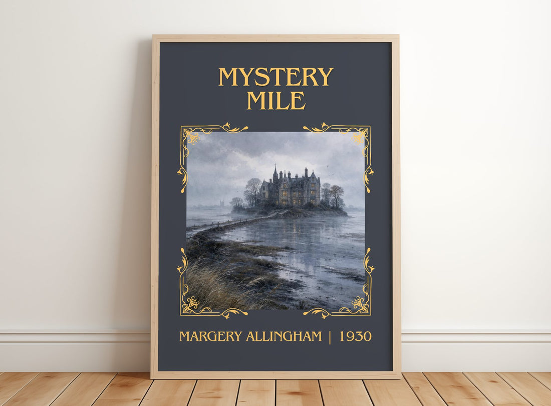 Mystery Mile Classic Book Art Print by Margery Allingham – framed print leaning on a wooden floor
