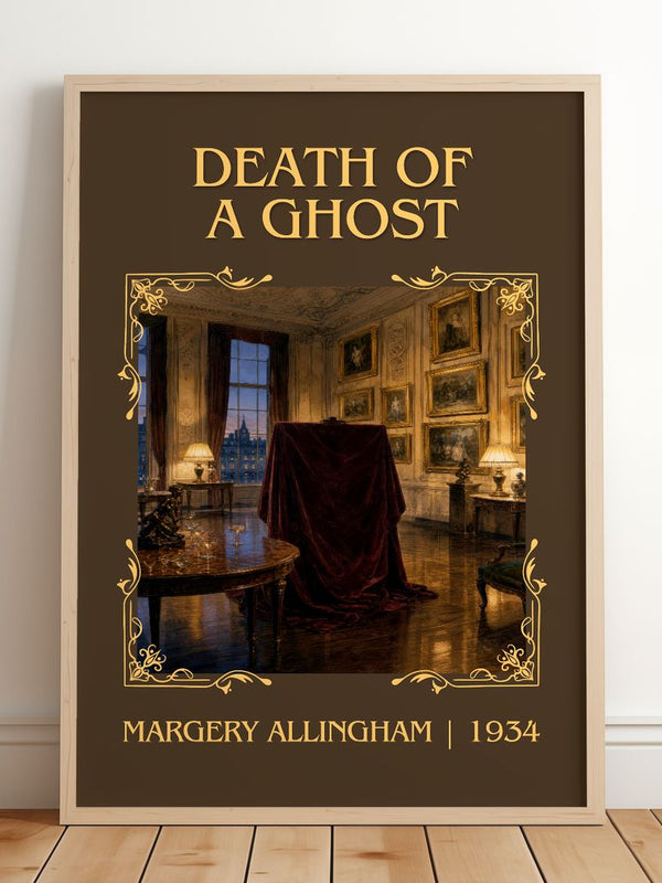 Death of a Ghost Classic Book Art Print by Margery Allingham – framed print leaning on a wooden floor