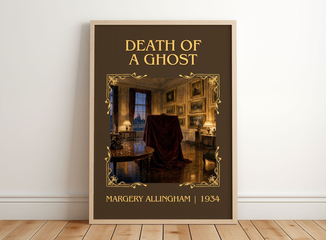 Death of a Ghost Classic Book Art Print by Margery Allingham – framed print leaning on a wooden floor