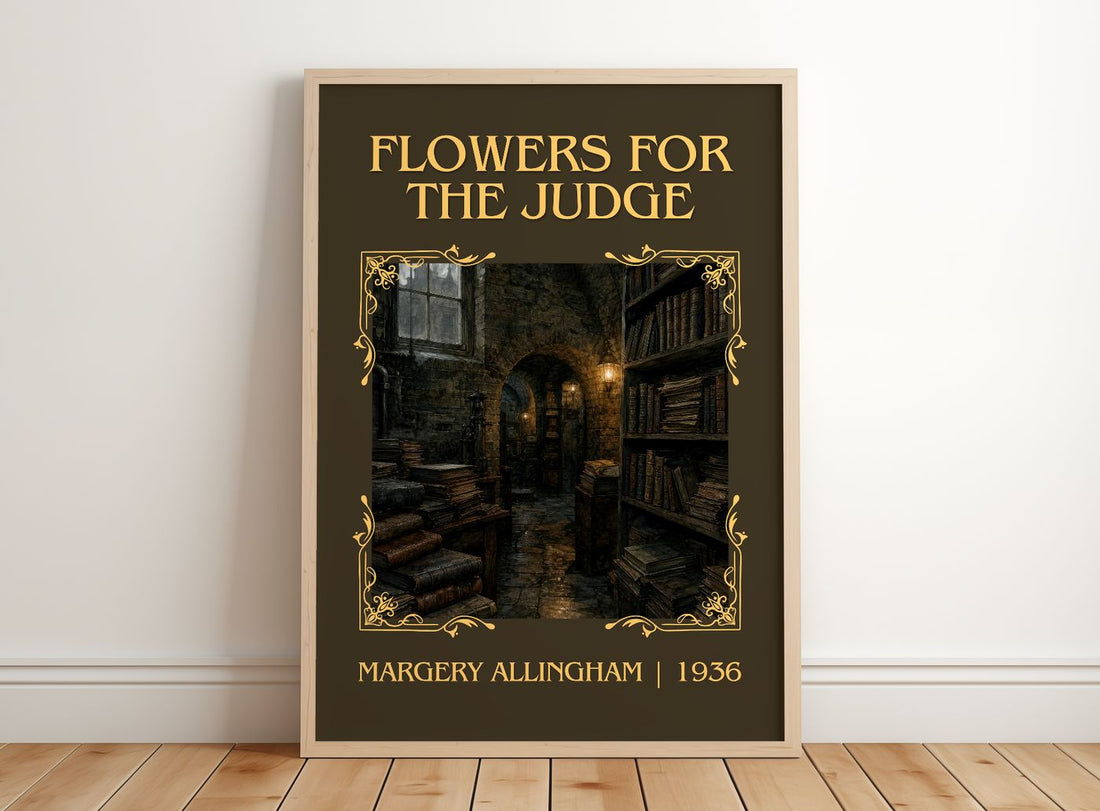 Flowers for the Judge Classic Book Art Print by Margery Allingham – framed print leaning on a wooden floor