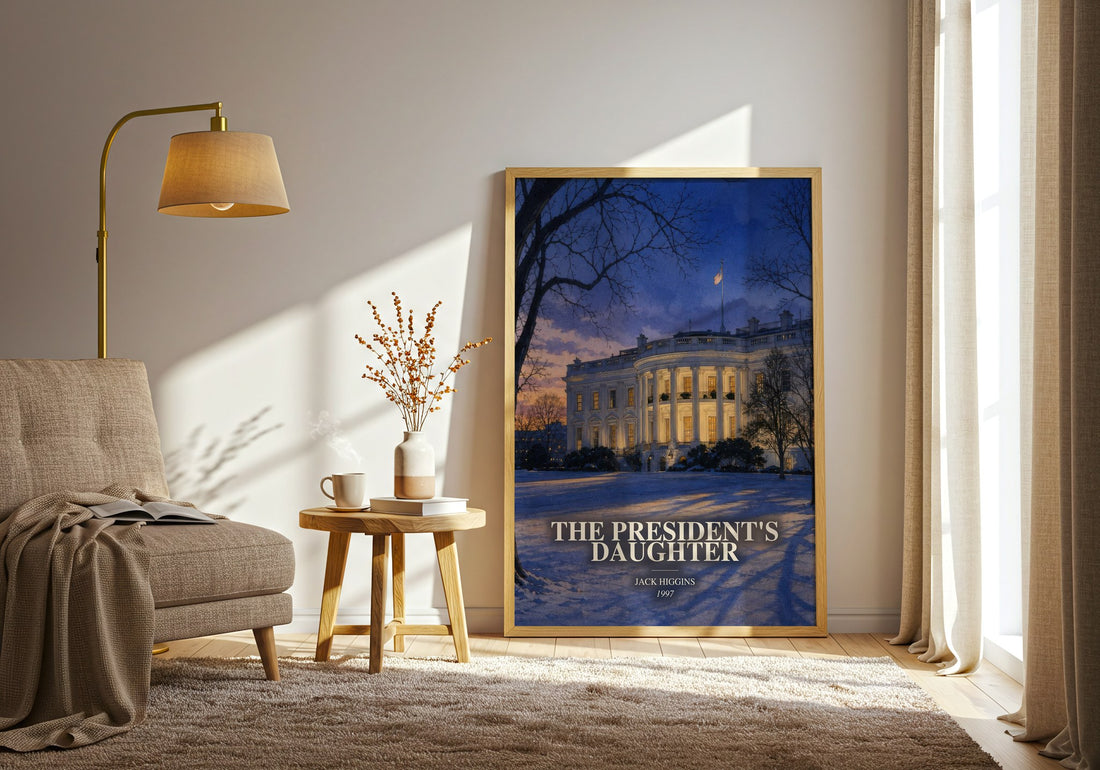 The President'S Daughter watercolour print in frame leaning in hallway – thriller wall art (mockup)
