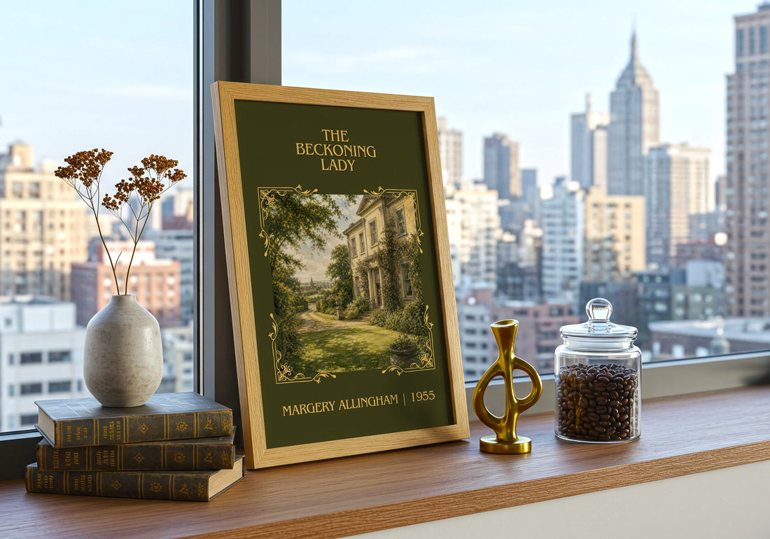 The Beckoning Lady Classic Book Art Print by Margery Allingham – framed print on a city-view windowsill