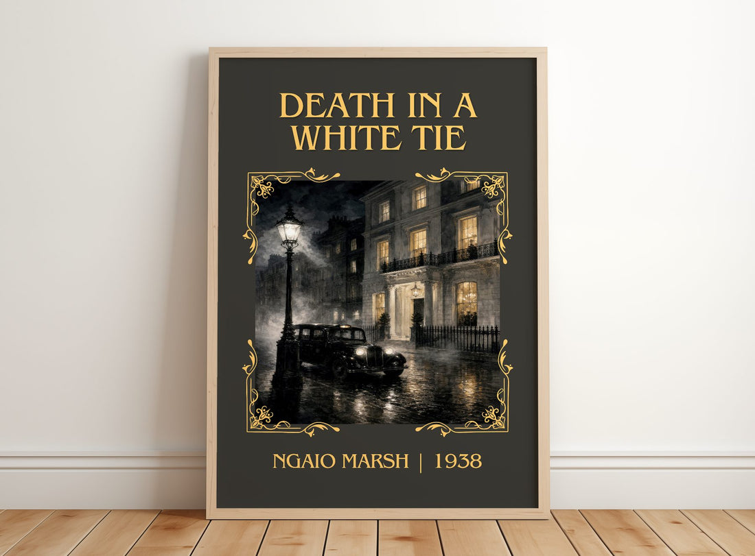 Death in a White Tie Classic Book Art Print by Ngaio Marsh – framed print leaning on a wooden floor