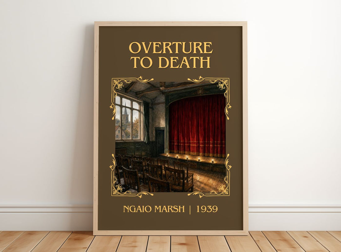 Overture to Death Classic Book Art Print by Ngaio Marsh – framed print leaning on a wooden floor