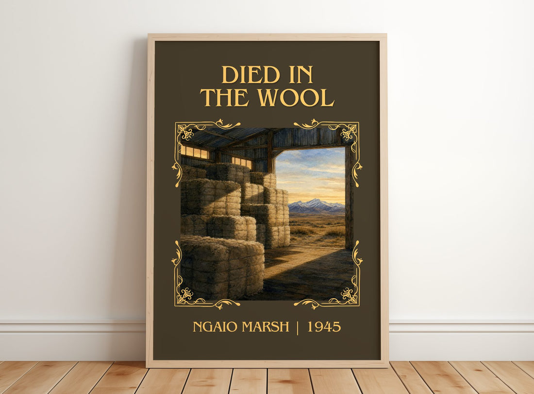 Died in the Wool Classic Book Art Print by Ngaio Marsh – framed print leaning on a wooden floor