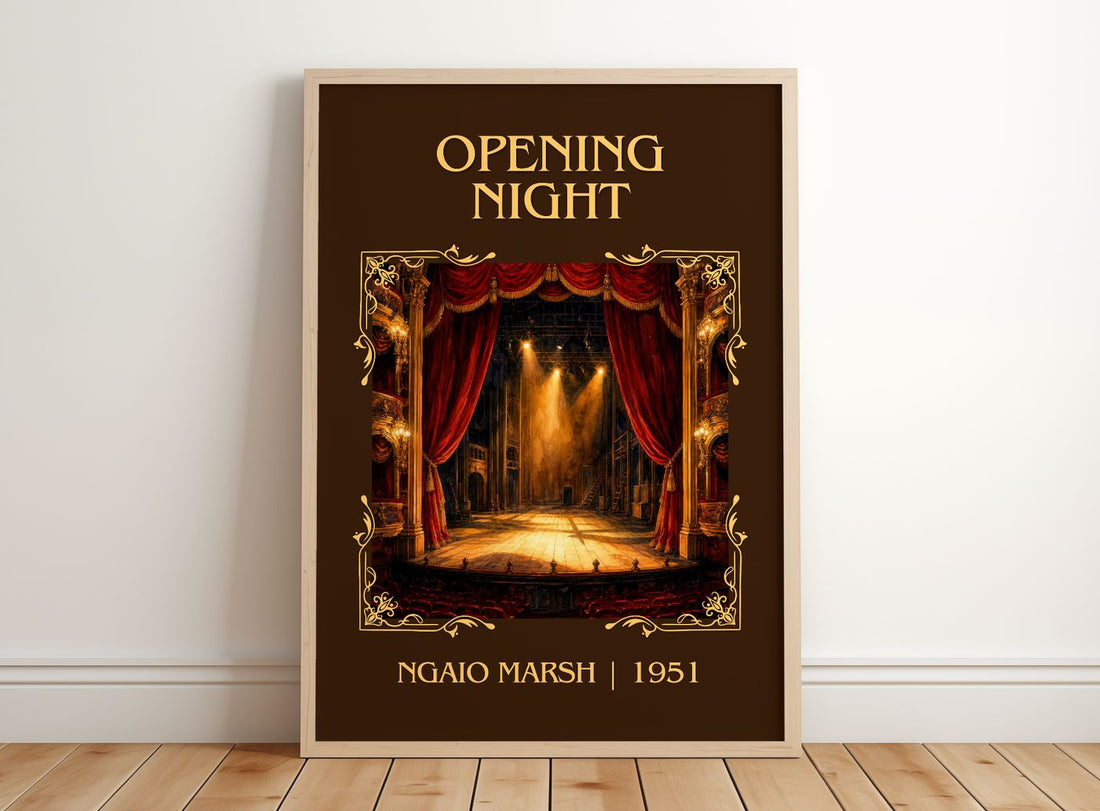 Opening Night Classic Book Art Print by Ngaio Marsh – framed print leaning on a wooden floor