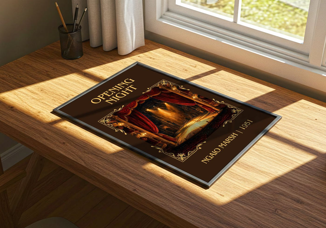 Opening Night Classic Book Art Print by Ngaio Marsh – print on a sunlit desk