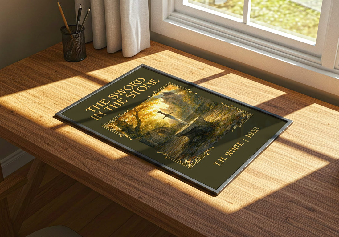 The Sword in the Stone Classic Book Art Print by T.H. White – print on a sunlit desk