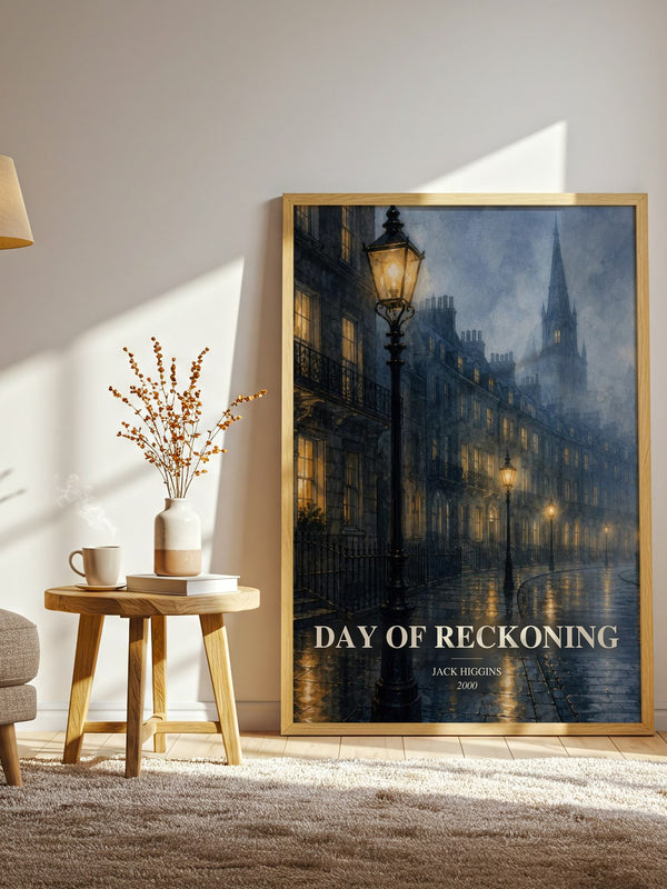 Day Of Reckoning watercolour print in frame leaning in hallway – thriller wall art