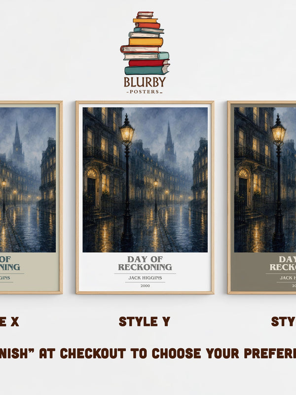 Day Of Reckoning book cover print in frame leaning in hallway – thriller wall art