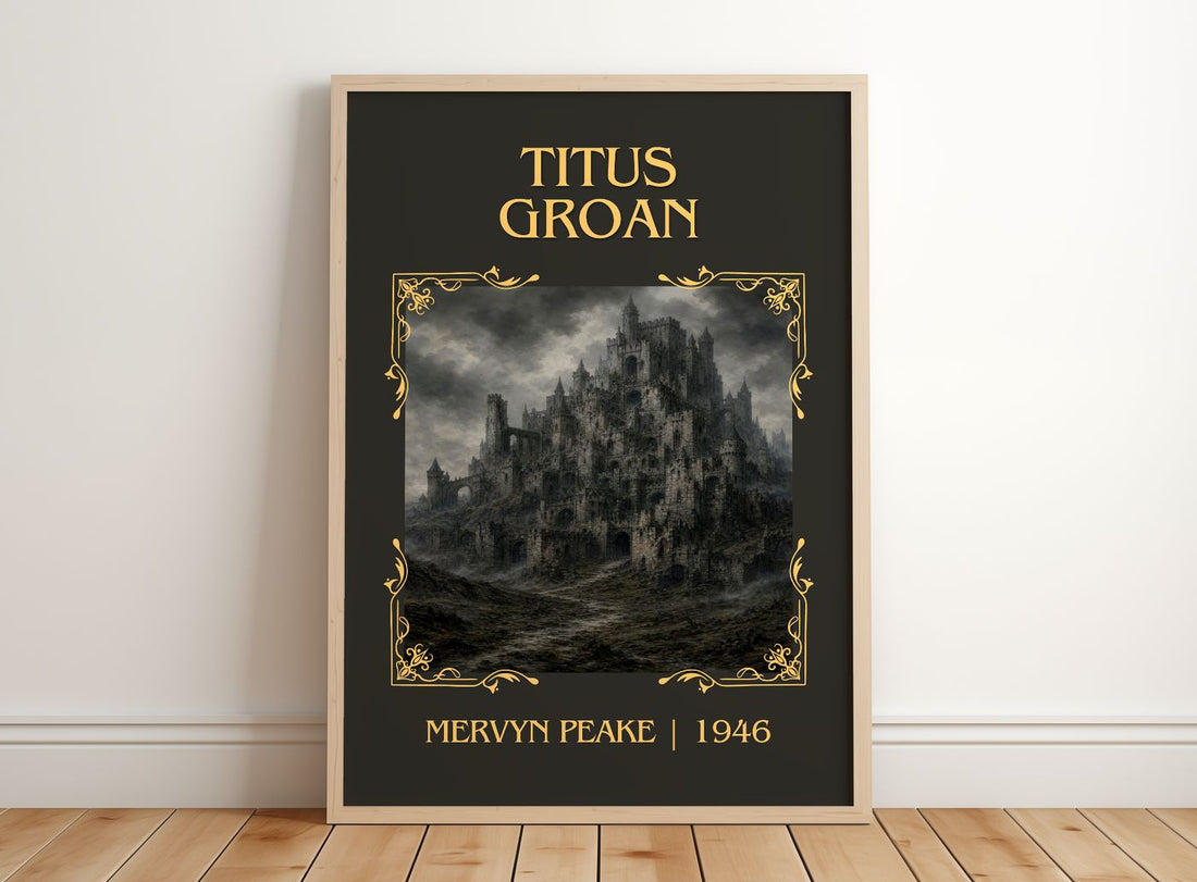 Titus Groan Classic Book Art Print by Mervyn Peake – framed print leaning on a wooden floor