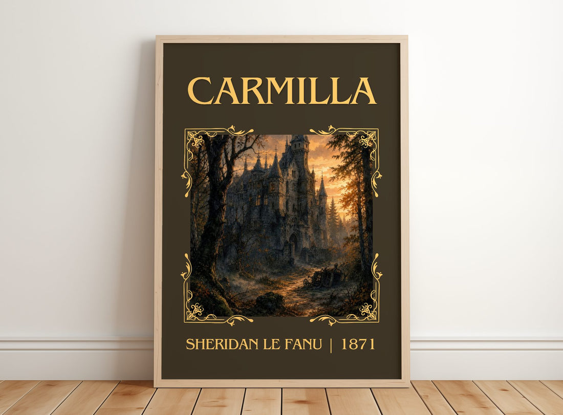 Carmilla Classic Book Art Print by Sheridan Le Fanu – framed print leaning on a wooden floor