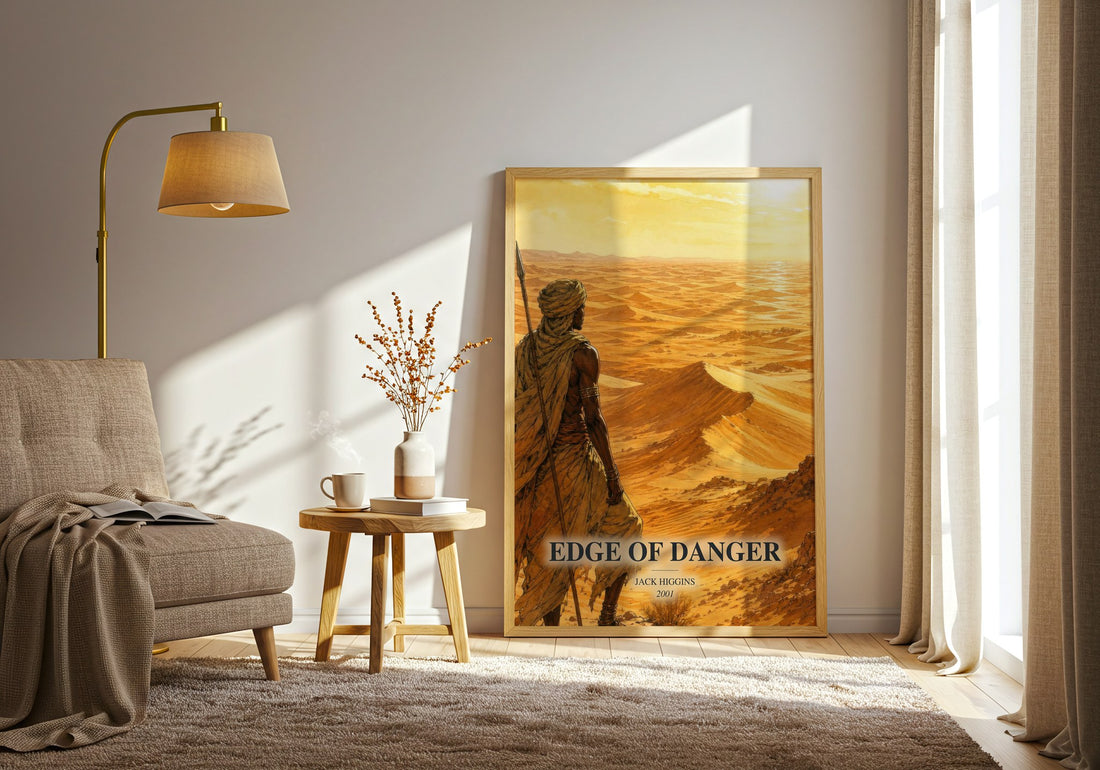 Edge Of Danger watercolour print in frame leaning in hallway – thriller wall art (mockup)