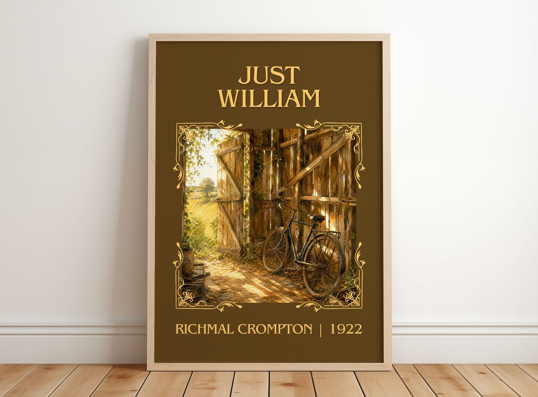 Just William Classic Book Art Print by Richmal Crompton – framed print leaning on a wooden floor