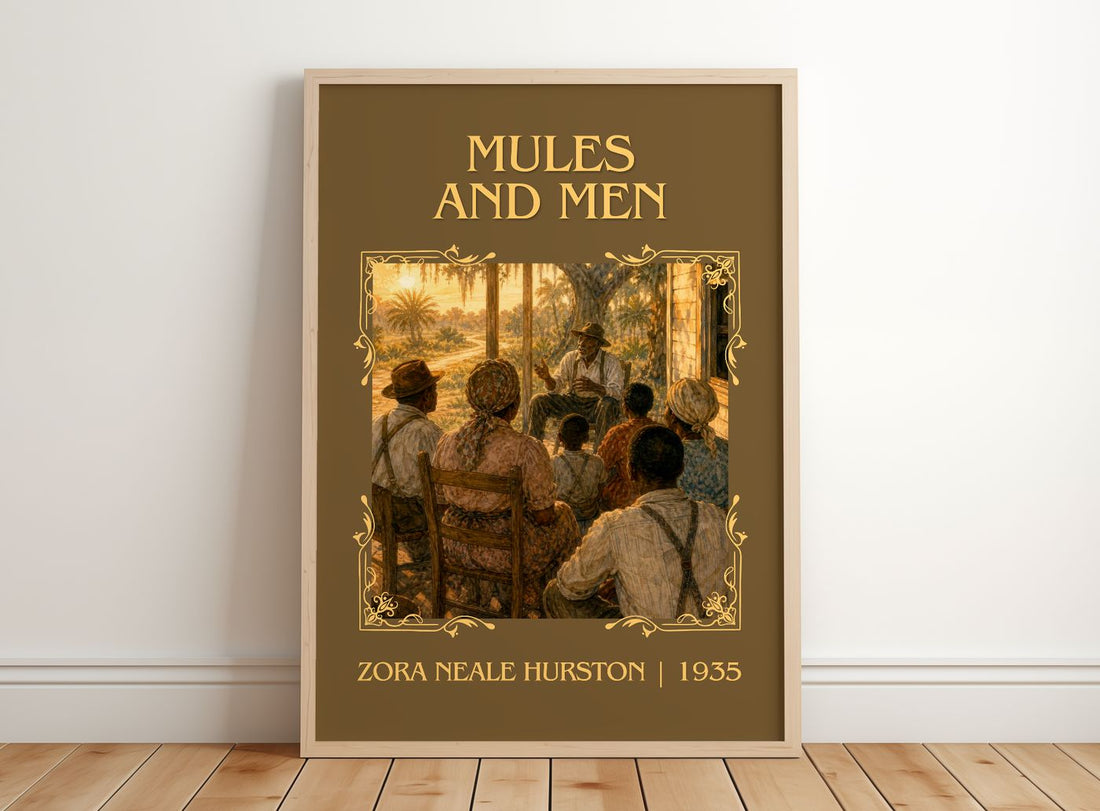 Mules and Men Classic Book Art Print by Zora Neale Hurston – framed print leaning on a wooden floor