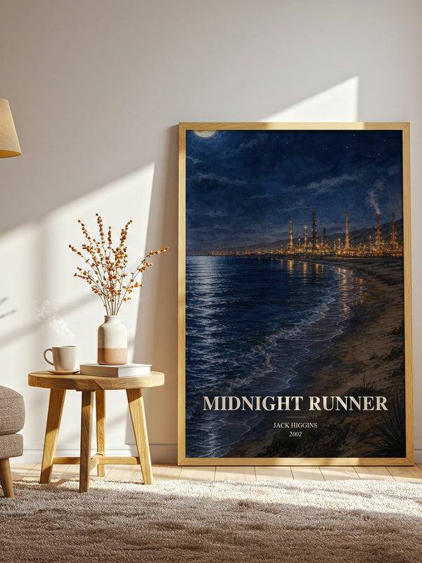 Midnight Runner watercolour print in frame leaning in hallway – thriller wall art