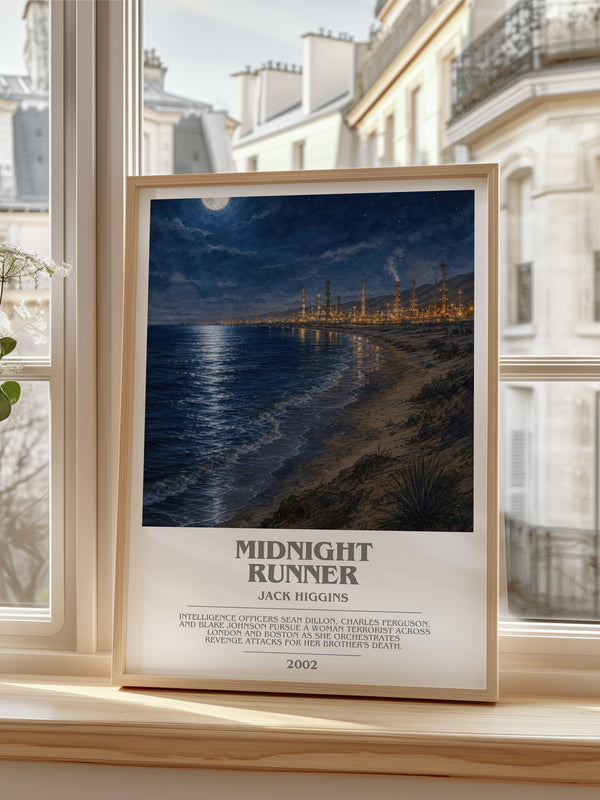 Midnight Runner Bookish Wall Art by Jack Higgins – framed print by a bright window