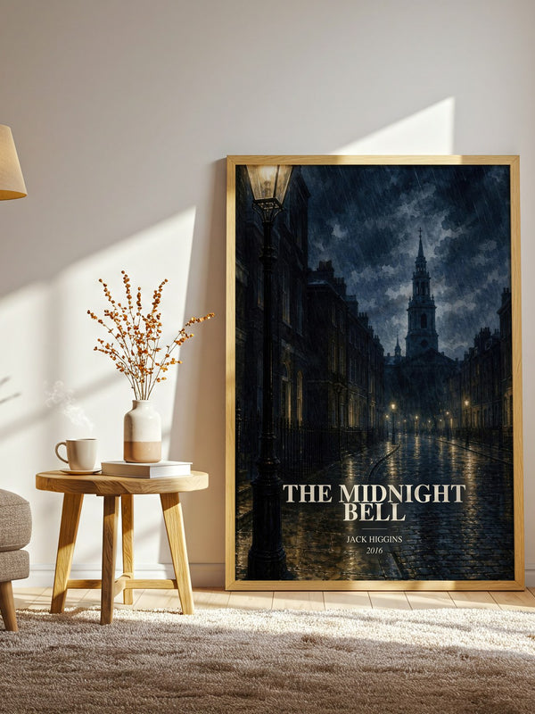 The Midnight Bell watercolour print in frame leaning in hallway – thriller wall art
