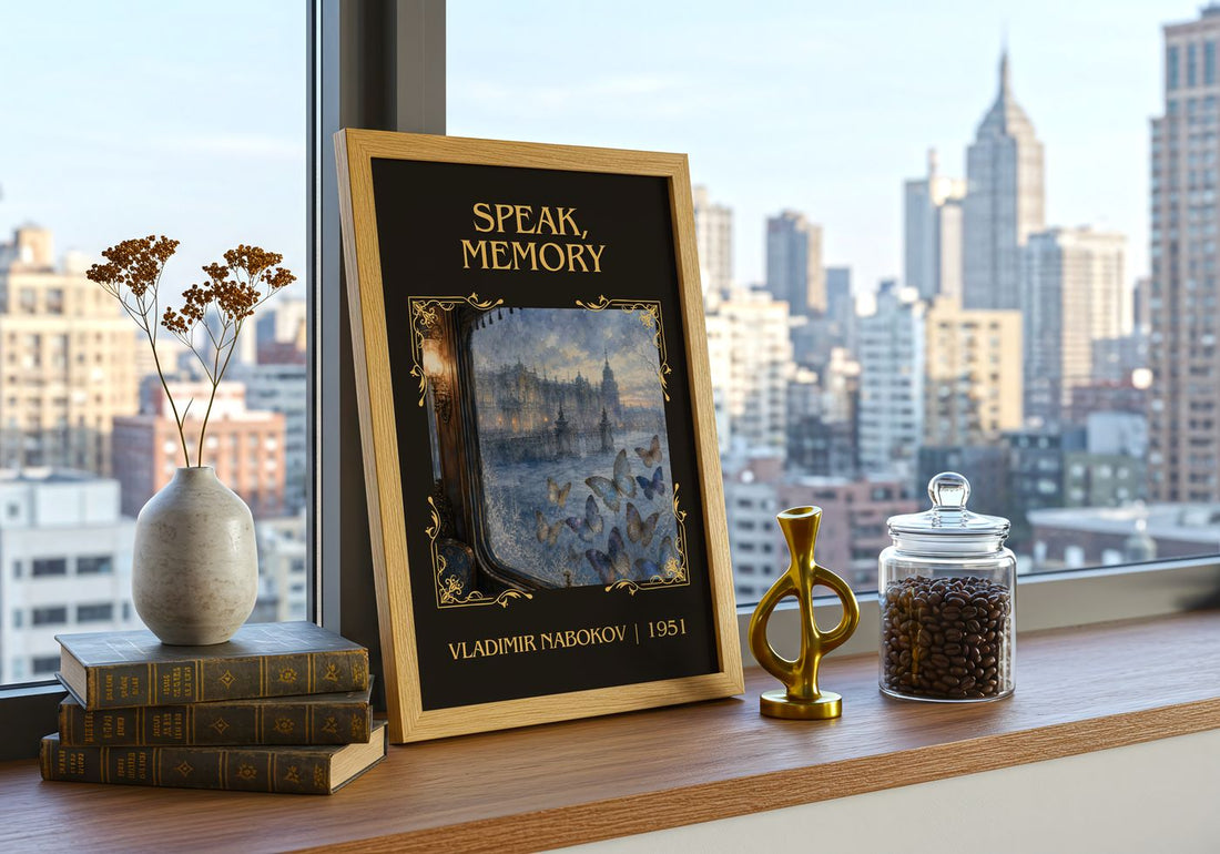 Speak, Memory Classic Book Art Print by Vladimir Nabokov – framed print on a city-view windowsill