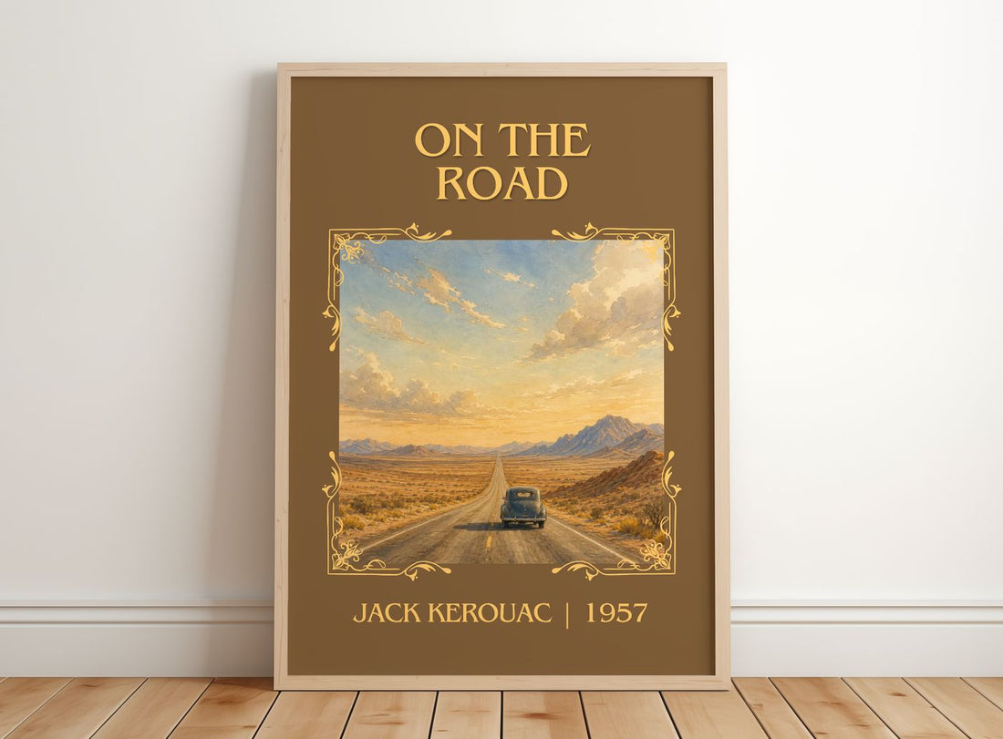 On the Road Classic Book Art Print by Jack Kerouac – framed print leaning on a wooden floor