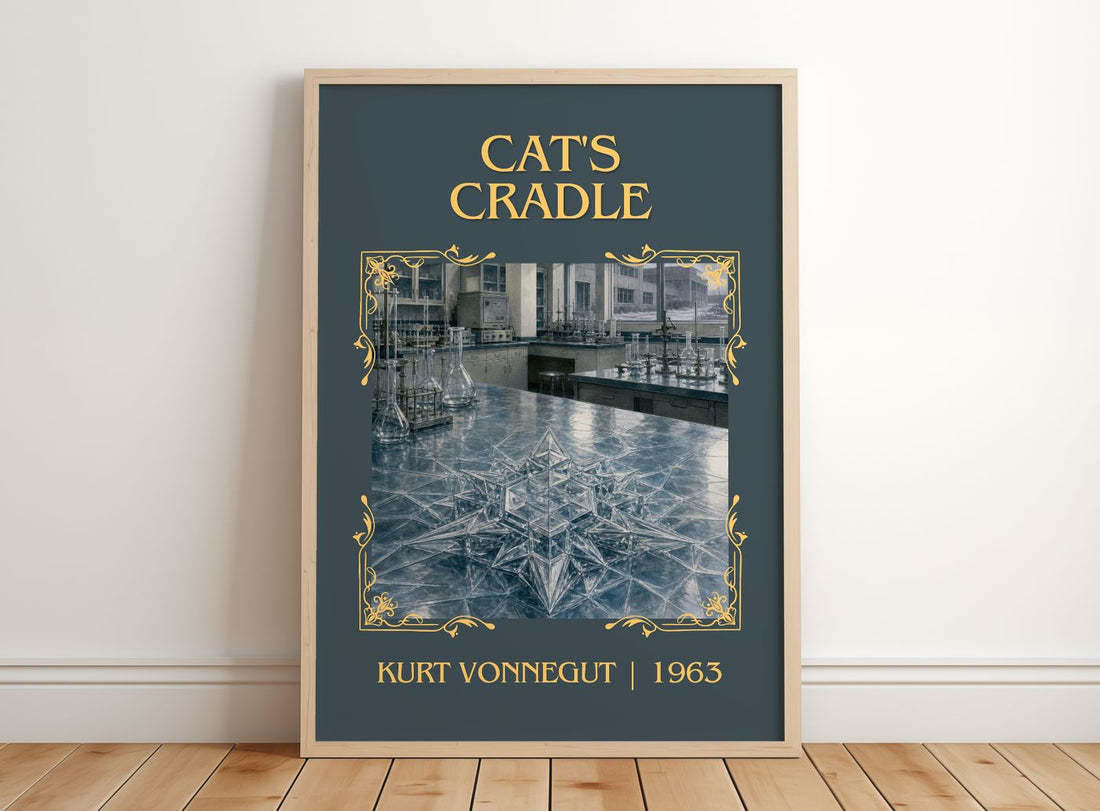 Cat's Cradle Classic Book Art Print by Kurt Vonnegut – framed print leaning on a wooden floor