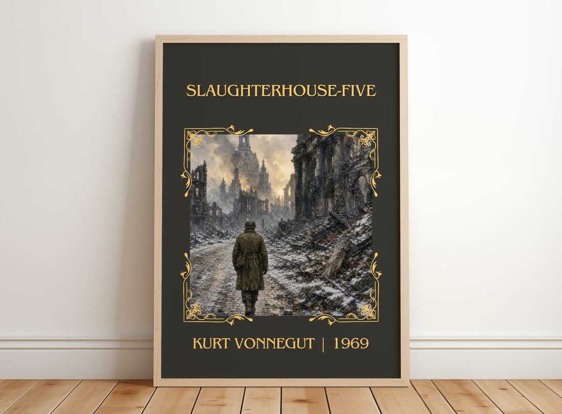 Slaughterhouse-Five Classic Book Art Print by Kurt Vonnegut – framed print leaning on a wooden floor