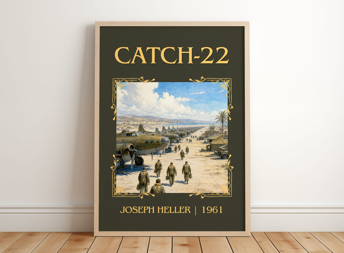 Catch-22 Classic Book Art Print by Joseph Heller – framed print leaning on a wooden floor