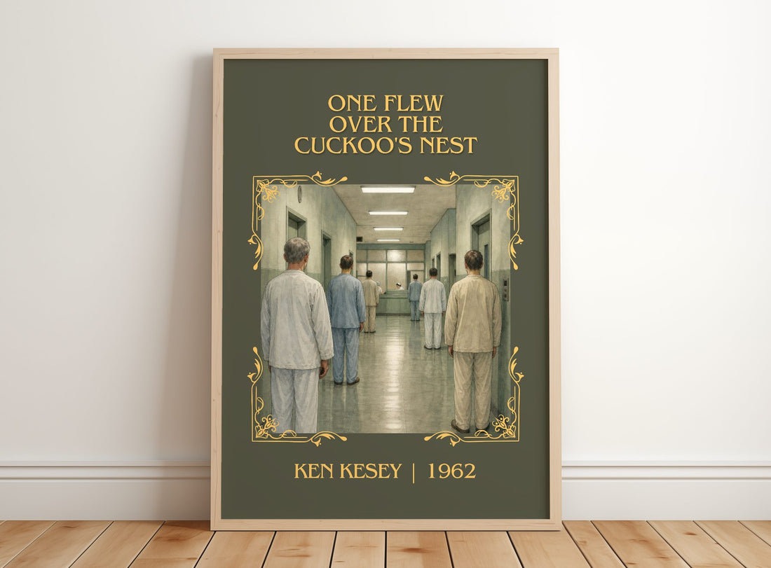 One Flew Over the Cuckoo's Nest Classic Book Art Print by Ken Kesey – framed print leaning on a wooden floor