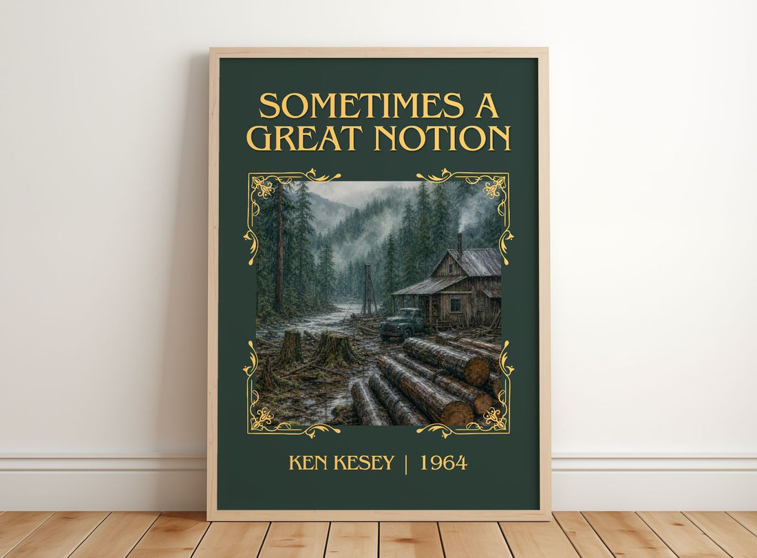 Sometimes a Great Notion Classic Book Art Print by Ken Kesey – framed print leaning on a wooden floor