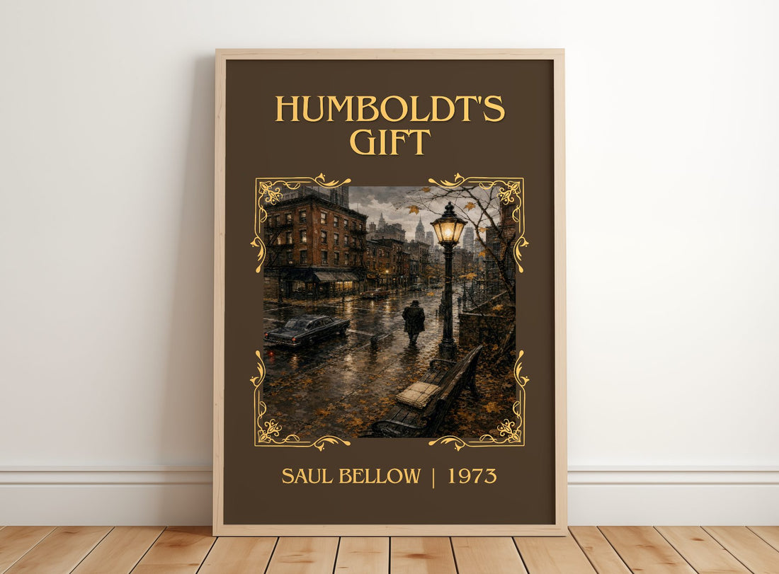 Humboldt's Gift Classic Book Art Print by Saul Bellow – framed print leaning on a wooden floor