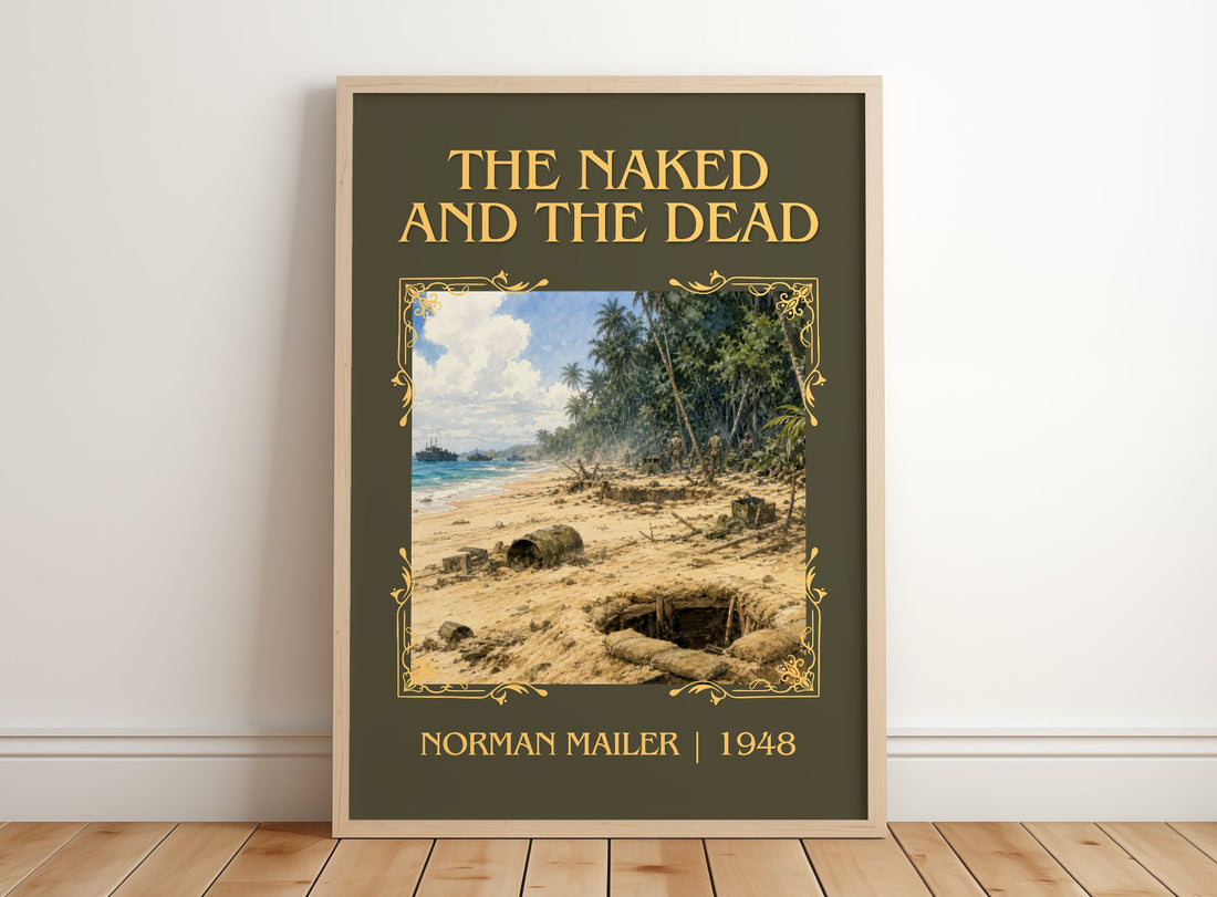 The Naked and the Dead Classic Book Art Print by Norman Mailer – framed print leaning on a wooden floor