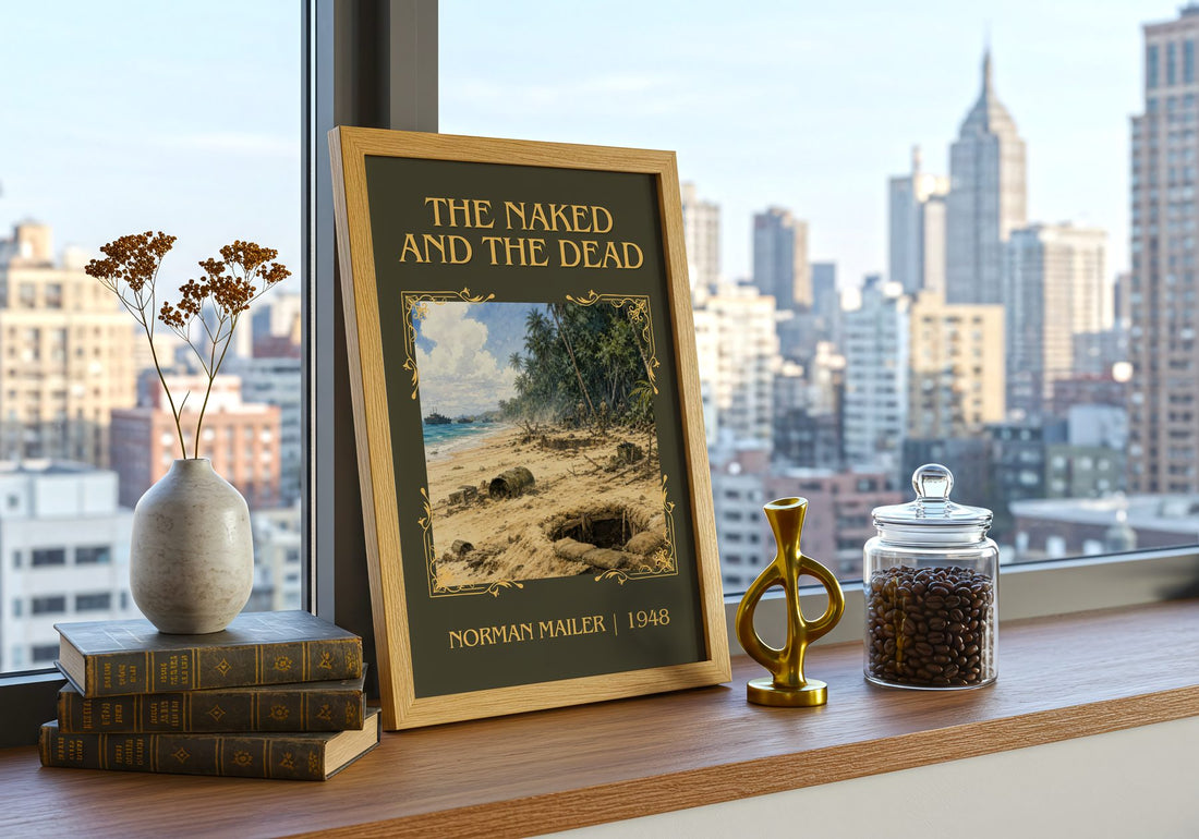 The Naked and the Dead Classic Book Art Print by Norman Mailer – framed print on a city-view windowsill
