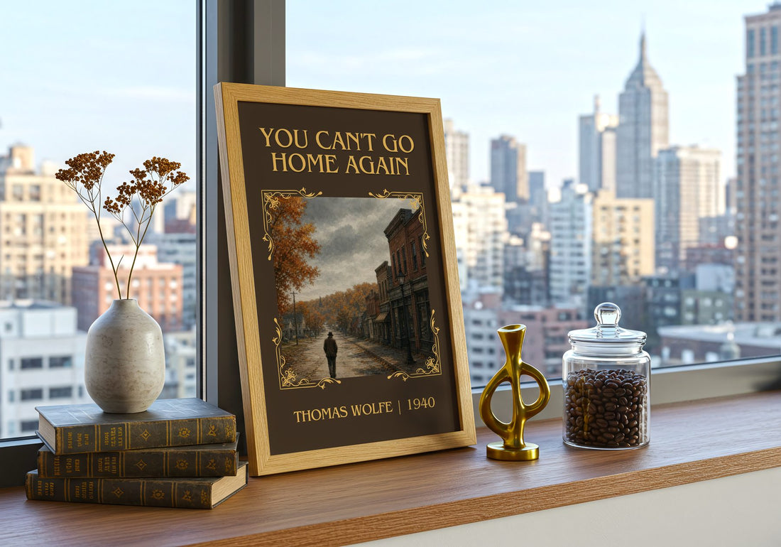 You Can't Go Home Again Classic Book Art Print by Thomas Wolfe – framed print on a city-view windowsill