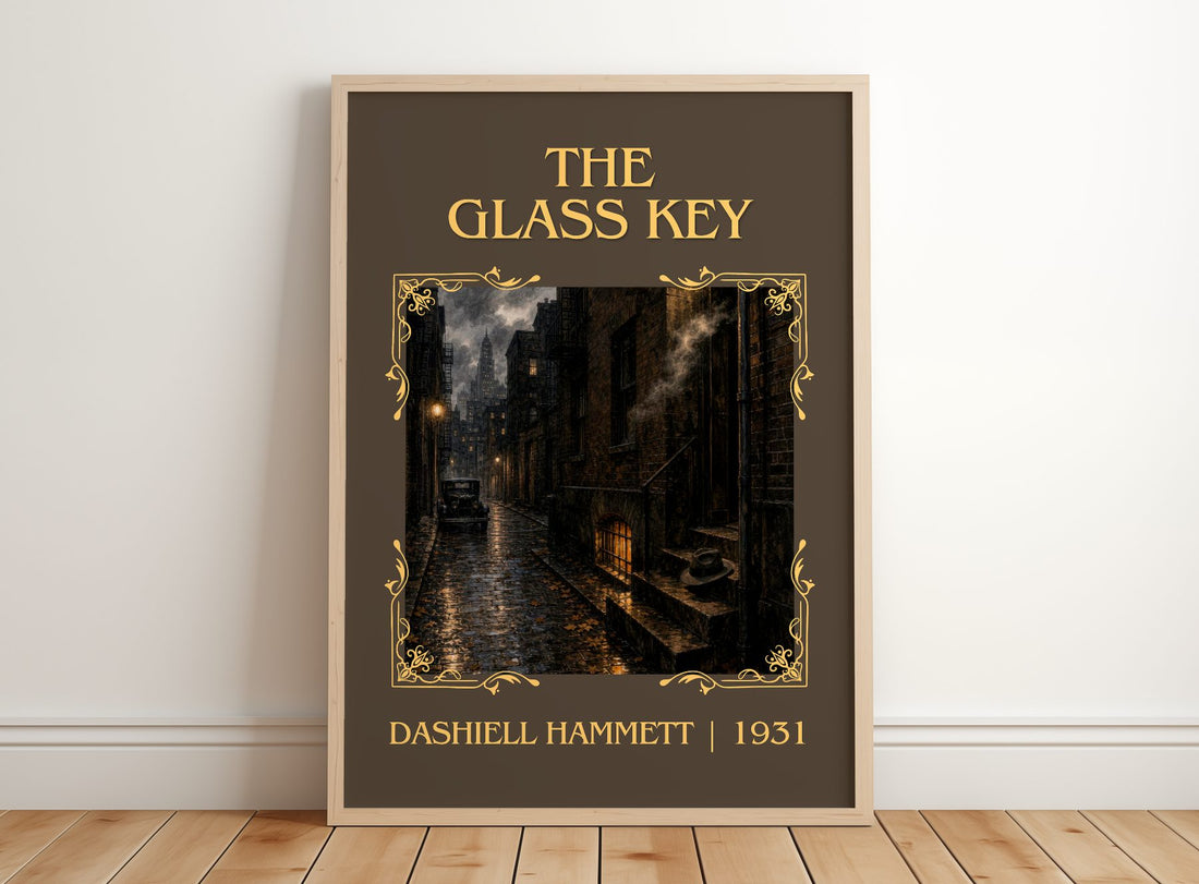 The Glass Key Classic Book Art Print by Dashiell Hammett – framed print leaning on a wooden floor