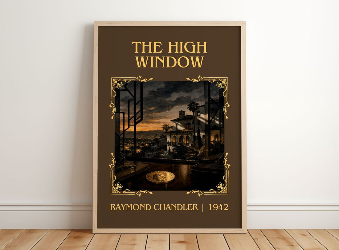 The High Window Classic Book Art Print by Raymond Chandler – framed print leaning on a wooden floor