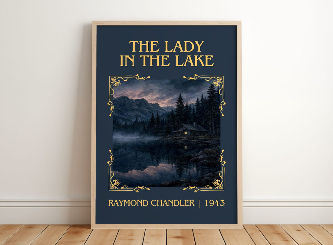 The Lady in the Lake Classic Book Art Print by Raymond Chandler – framed print leaning on a wooden floor