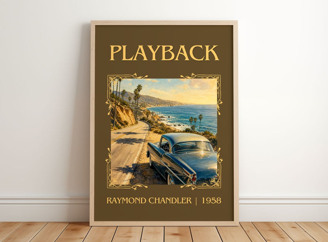 Playback Classic Book Art Print by Raymond Chandler – framed print leaning on a wooden floor