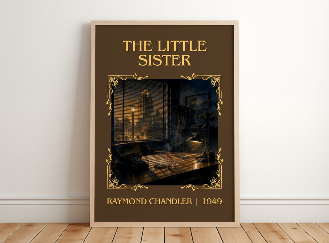 The Little Sister Classic Book Art Print by Raymond Chandler – framed print leaning on a wooden floor