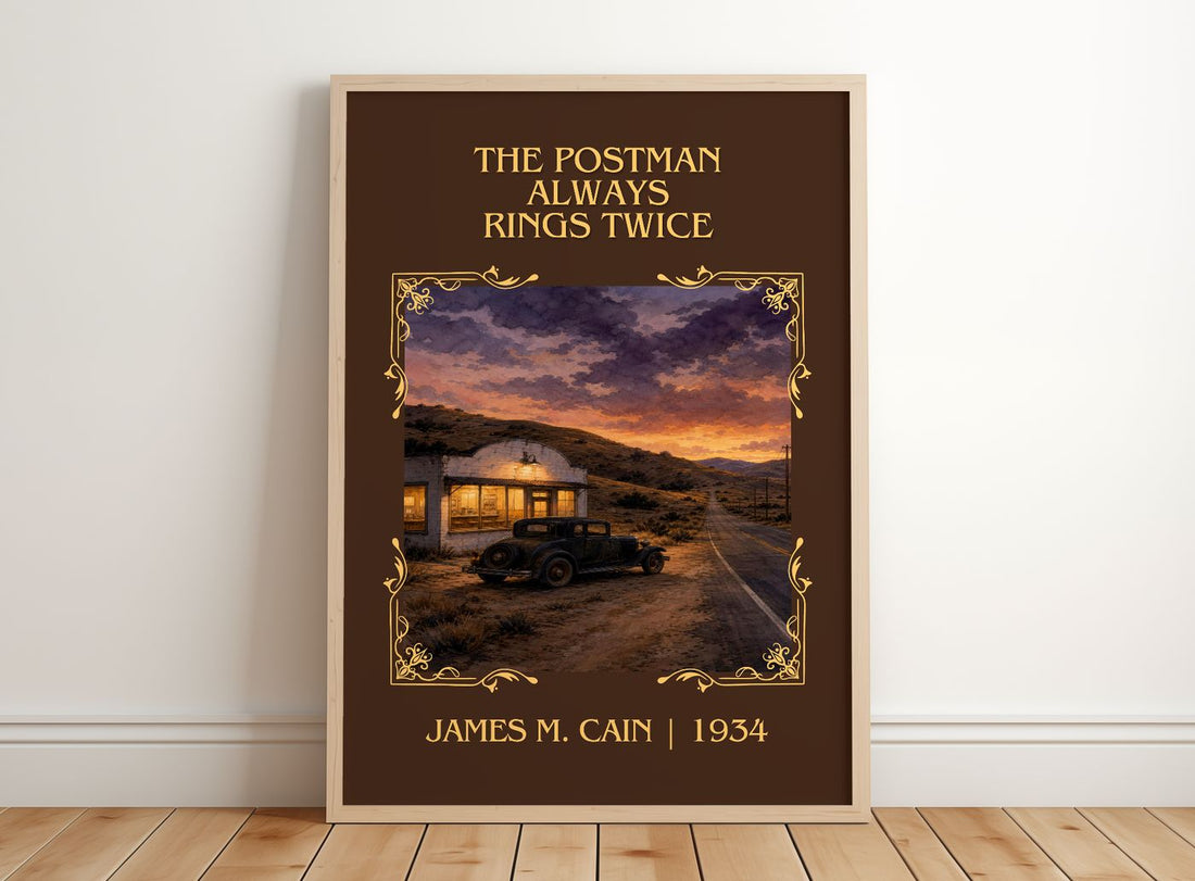 The Postman Always Rings Twice Classic Book Art Print by James M. Cain – framed print leaning on a wooden floor