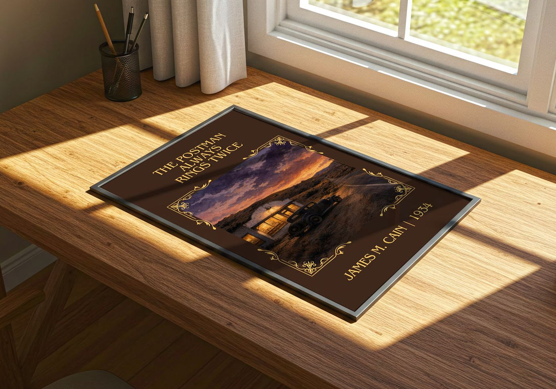 The Postman Always Rings Twice Classic Book Art Print by James M. Cain – print on a sunlit desk