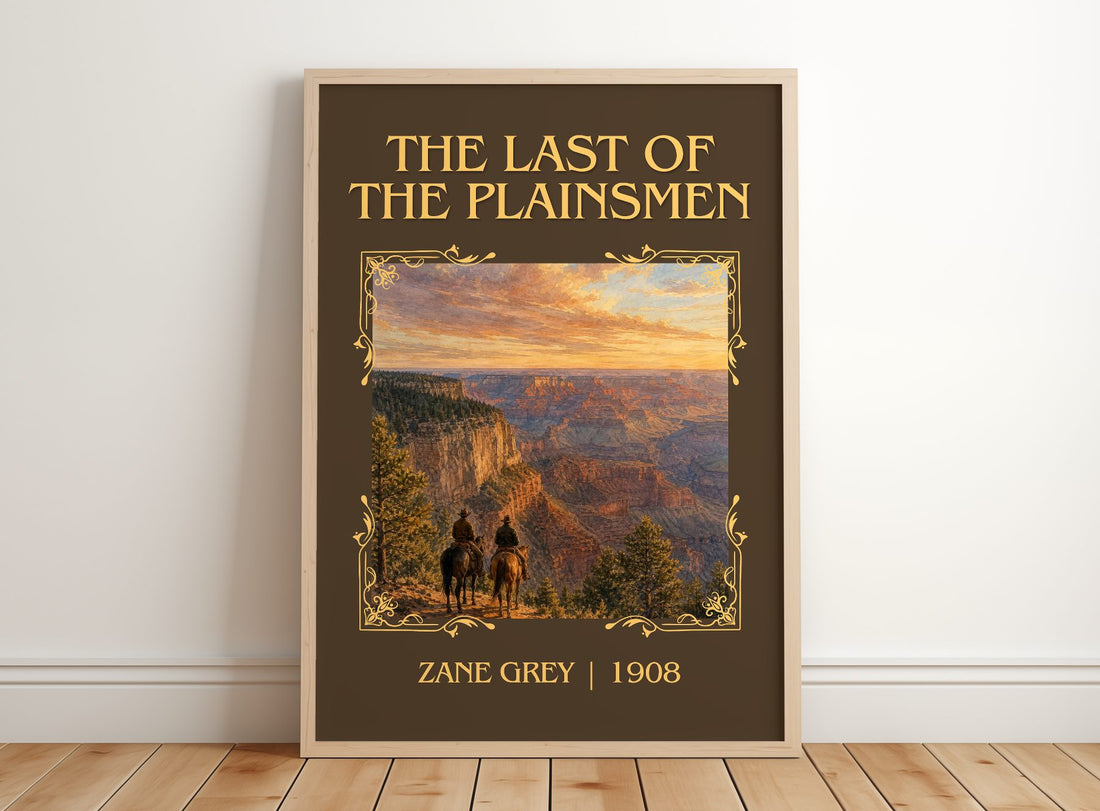 The Last of the Plainsmen Classic Book Art Print by Zane Grey – framed print leaning on a wooden floor