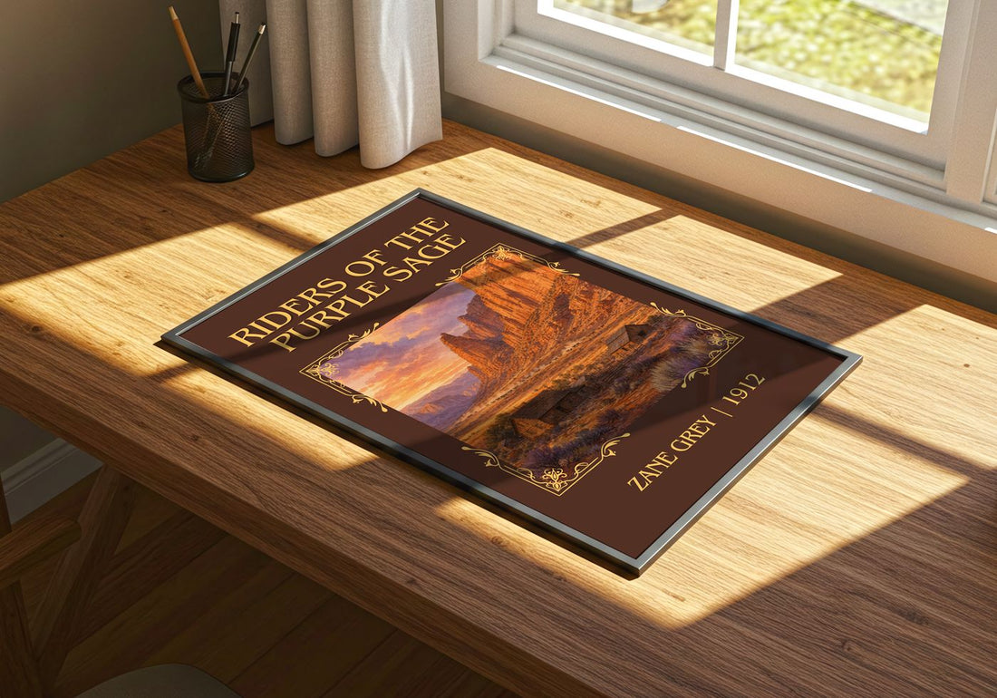 Riders of the Purple Sage Classic Book Art Print by Zane Grey – print on a sunlit desk